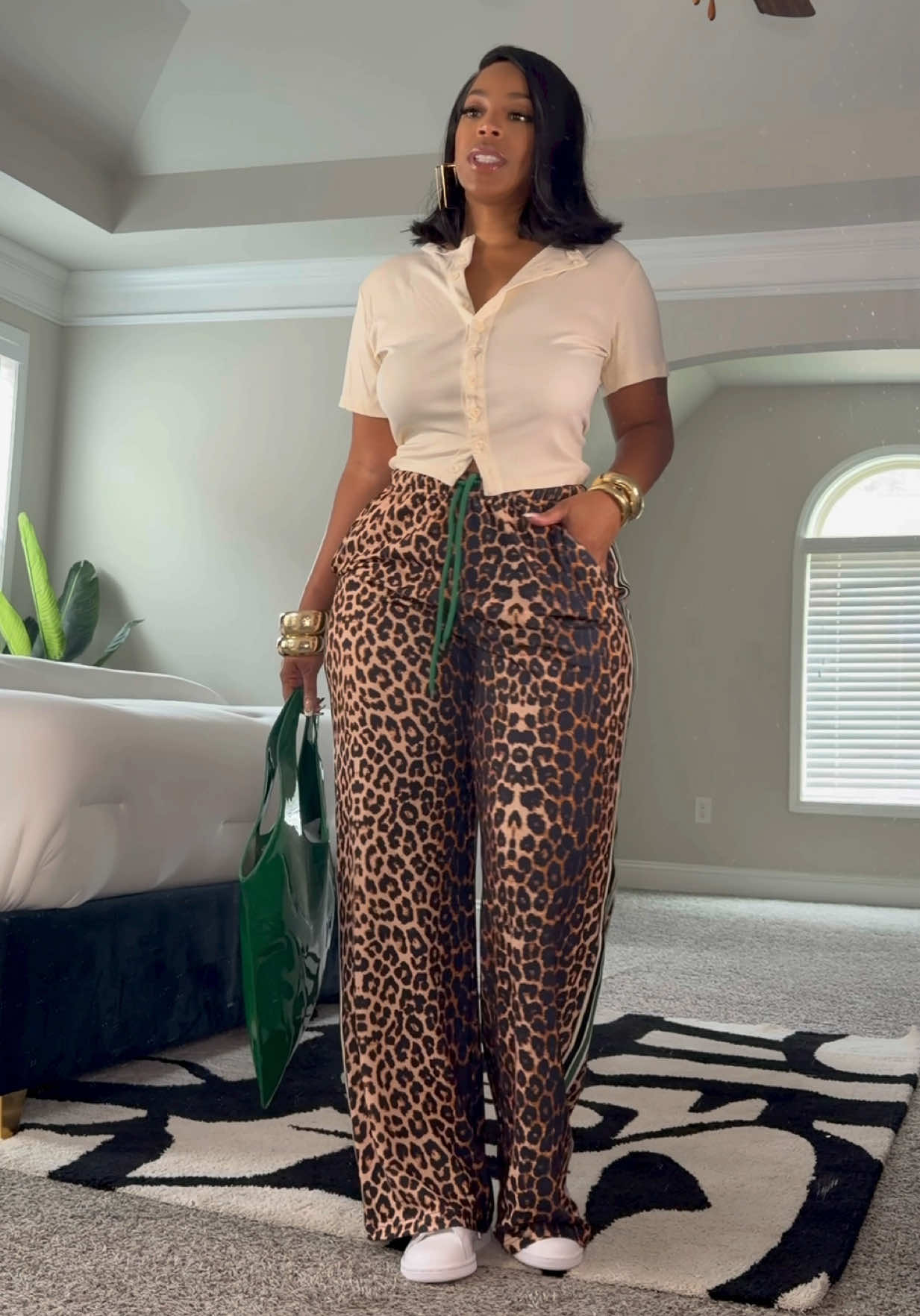 Leopard Print Side Stripe Wide Leg Stretchy Casual Pants Bottoms Women creator video