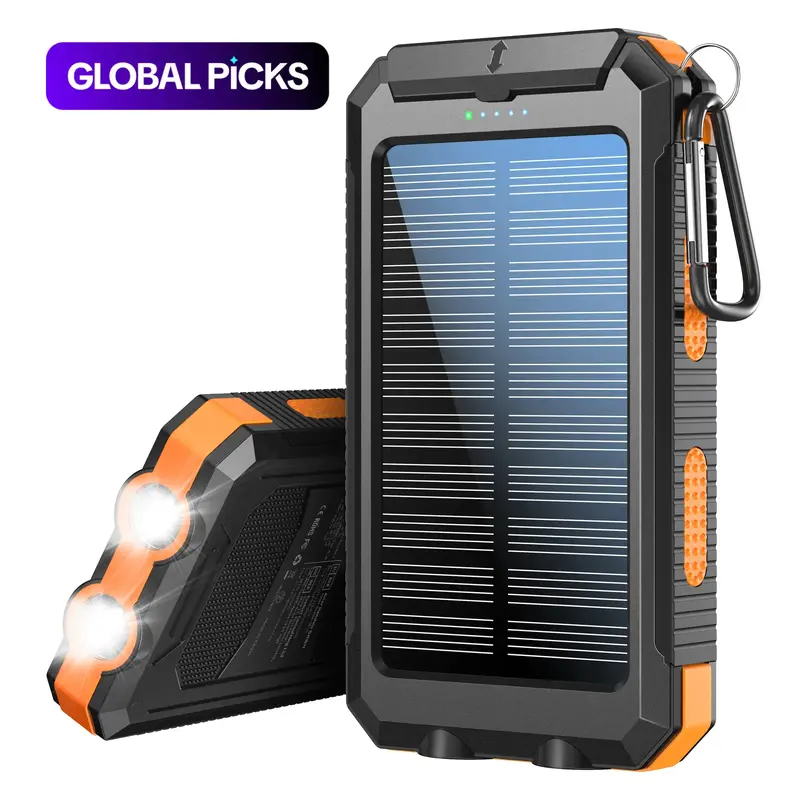 Batería portátil solar de 10000 mAh con luz LED y puertos USB duales