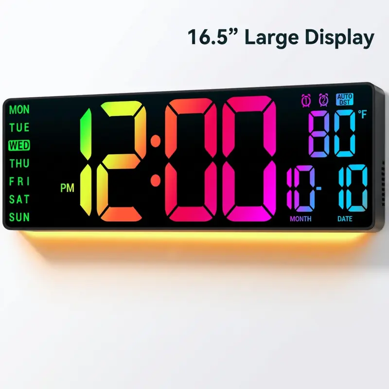 Reloj digital de pared con pantalla LED grande de 16.5" y luces RGB