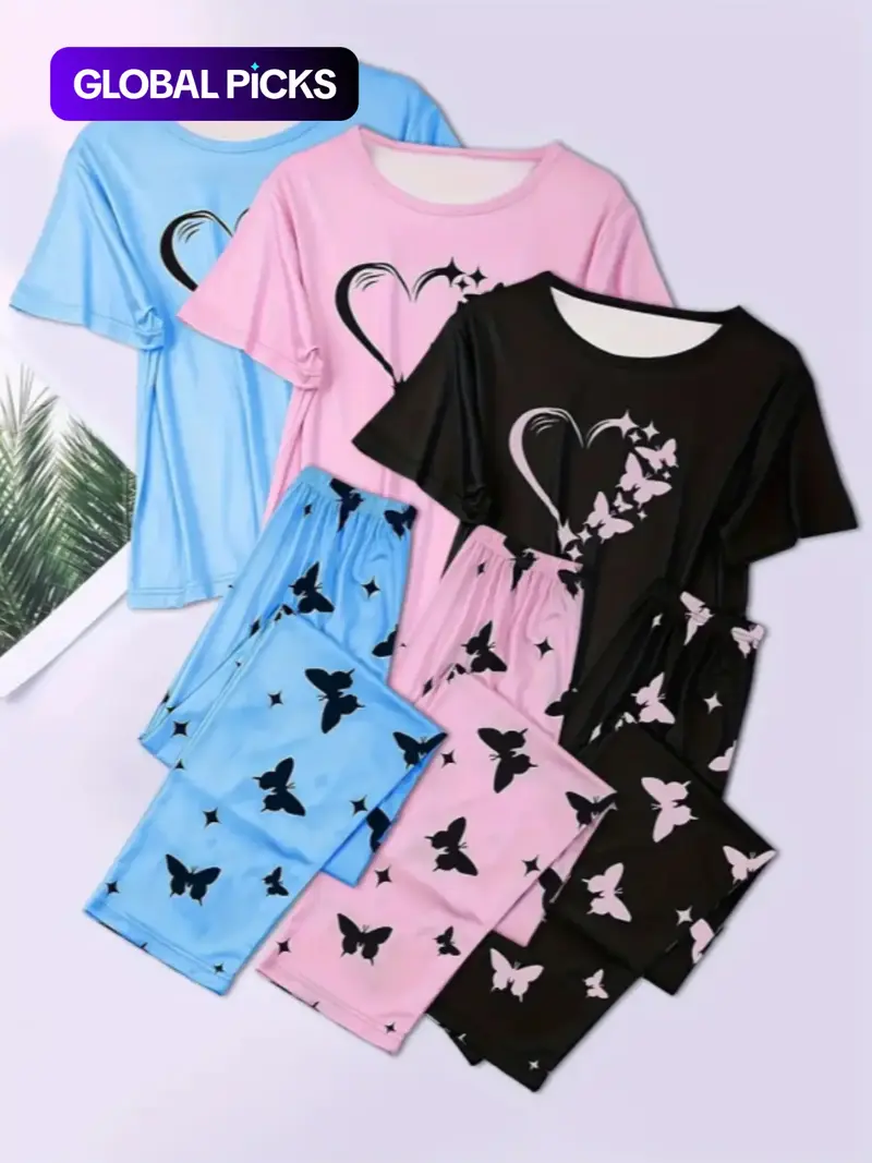Ekouaer 6-Piece Aesthetic Heart Butterfly Print Knitting Pajama Set