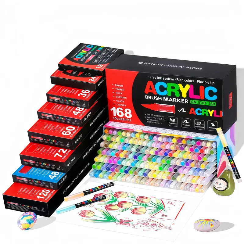 Acrylic Paint Markers Brush Tip, 36 Vivid Color with Direct-Liquid Ink System, Professional-Grade Paint Pen for Rock Painting, Books Coloring, Note Taking, Card Writing, Ceramic, Wood, Canvas, Glass, Stone, Fabric, DIY Crafts, Drawing Art Supplies Kit