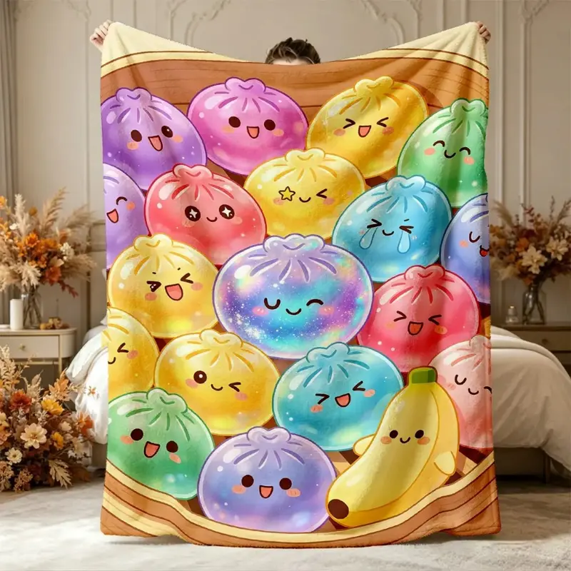 Manta de franela colorida con estampado de alimentos tiernos, patrón de dumplings, plátanos y vaporera