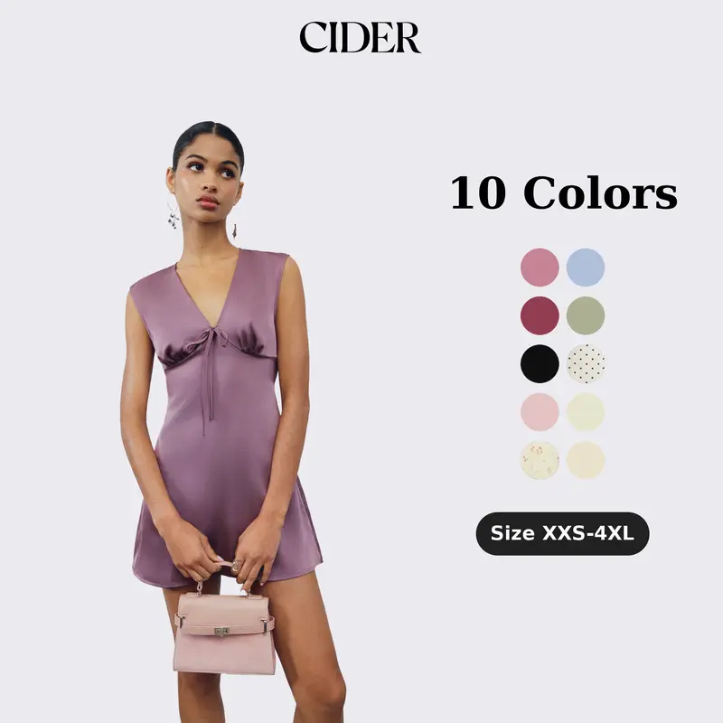Cider Satin V-neck Ruched Knotted Tie Back Mini Dress Casual