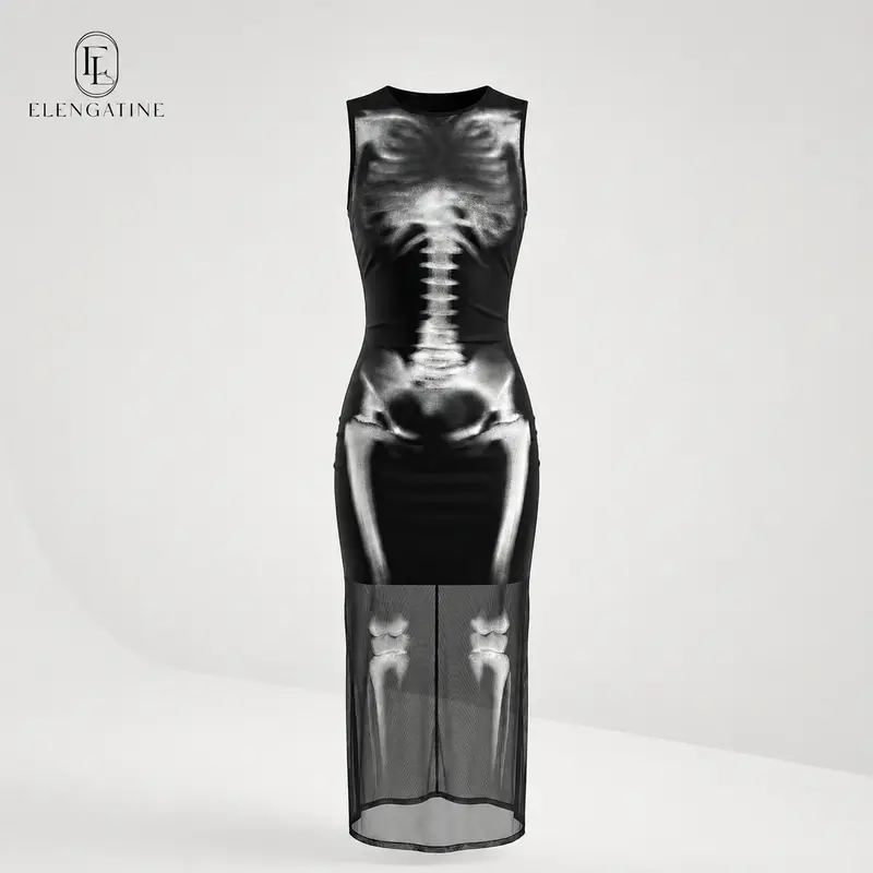 EL ELENGATINE Women's Polyester Stretchy Skeleton Print Mid-Length Bodycon Dress