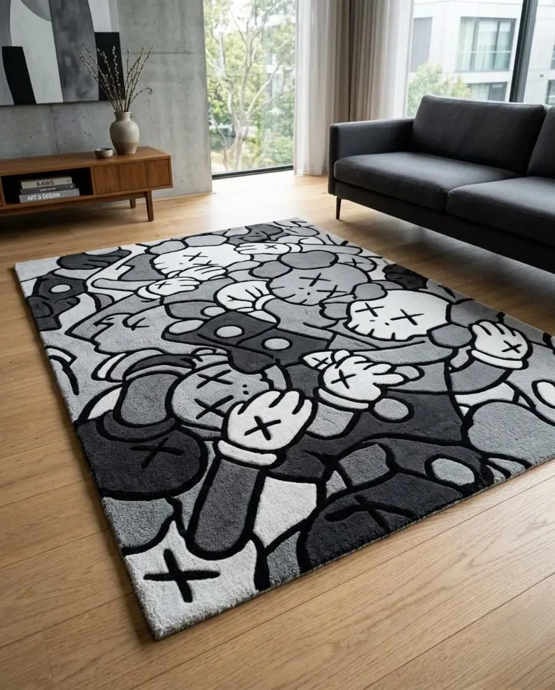 Tapete moderno abstracto inspirado en KAWS, gris, negro y crema