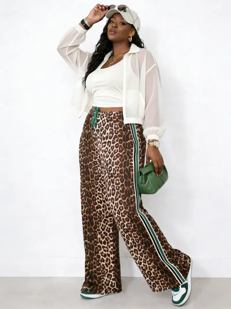 COMFRT Leopard Print Side Stripe Wide Leg Stretchy Casual Pants Bottoms Women