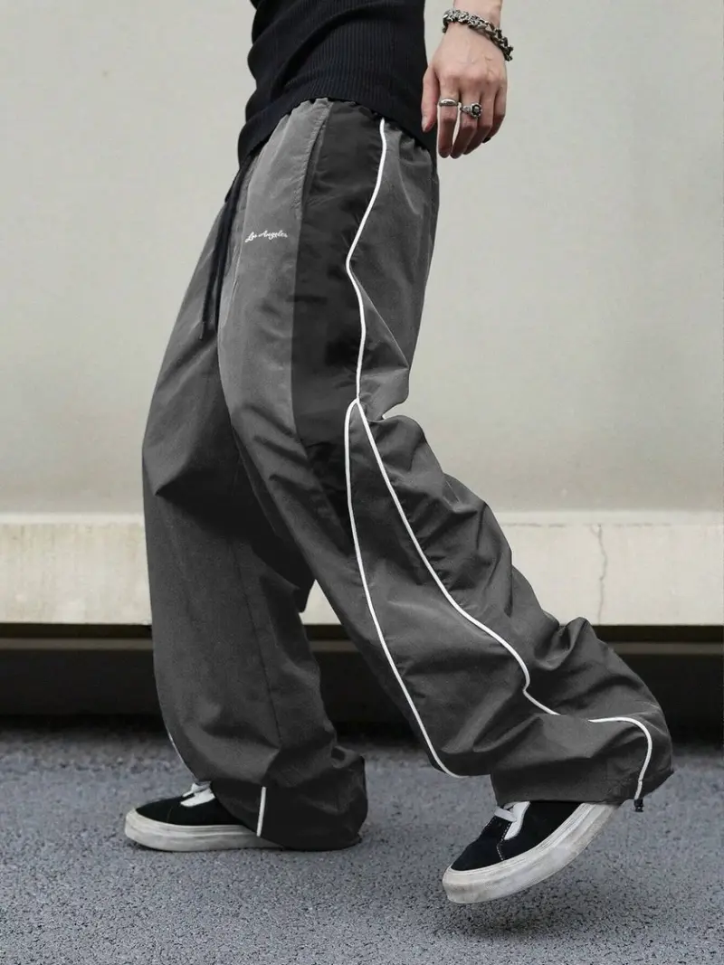 Men's Black Colorblock Casual Workout Joggers - Streetwear Mens Clothing Polyester Comfy Pants, Embroidered Straight Leg with White Side Stripes, Drawstring Waist Widelegsweatpants for Casual Gym, Father's Day Gifts, Casual Sports Trousers