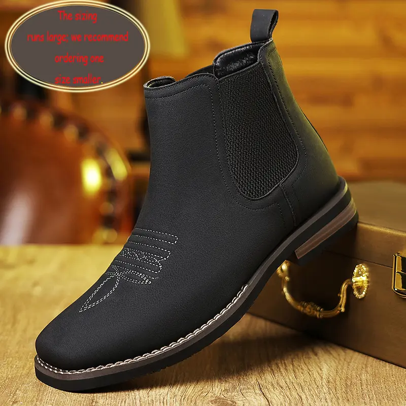 Men's Western Cowboy Footwear - Square-Toe Chelsea Ankle Boots, Rubber Sole, Vintage Classic Comfortable Versatile Work & Casual Outdoor Boot, Khaki & Black Closed-Toe Shoes, Men's Black Shoes, Western Ootd