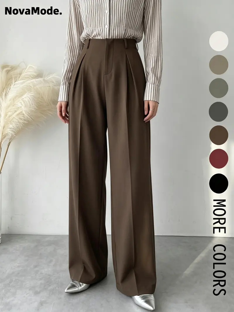 COMFRT Women's Essential Solid Color Plicated Pocket Wide Leg Pants