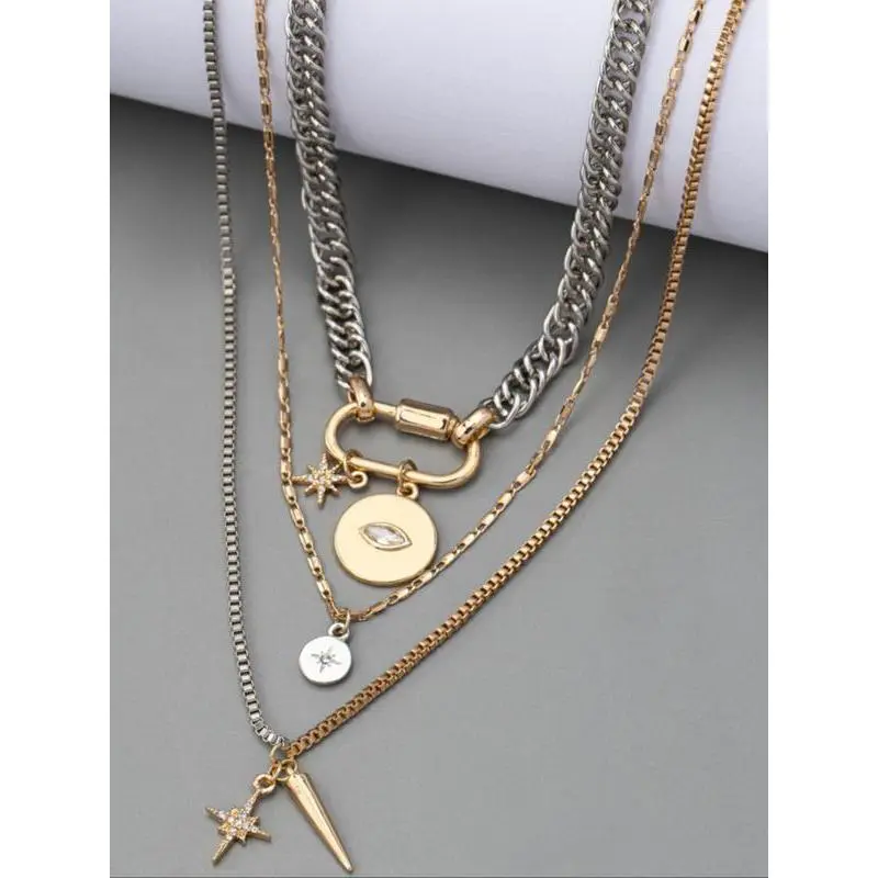 Women's Gold-Accented & Silver Metal Multi-Layer Necklace with Exaggerated Trendy Eye Pendant, Fashionable Versatile Jewelry Accessory, Birthday Gift Jewelry, Accessories for Daily Wear & Back-to-School Season