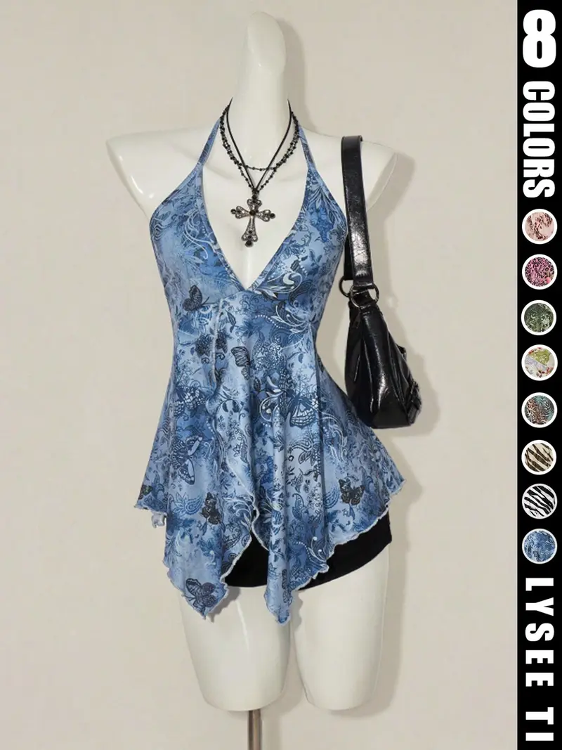 PUMIEY Y2K Women's Summer Butterfly Printed Sexy Hanging Neck Strap Tank Top