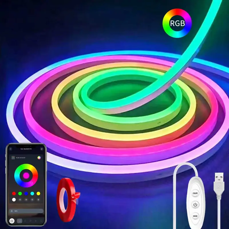 YEEWHALE RGB LED Neon Rope Lighting - 5V USB Powered, Remote & App Control, Music Sync, Flexible DIY Car Decor, Cool Room Decor & Living Room Lighting for LED Lights Bedroom